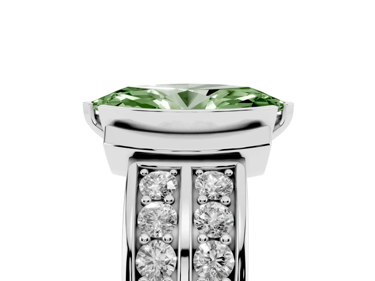 Fancy Green Marquise Cut Brilliant Diamond Channel Set Wide Band Ring with Bezel Setting White gold