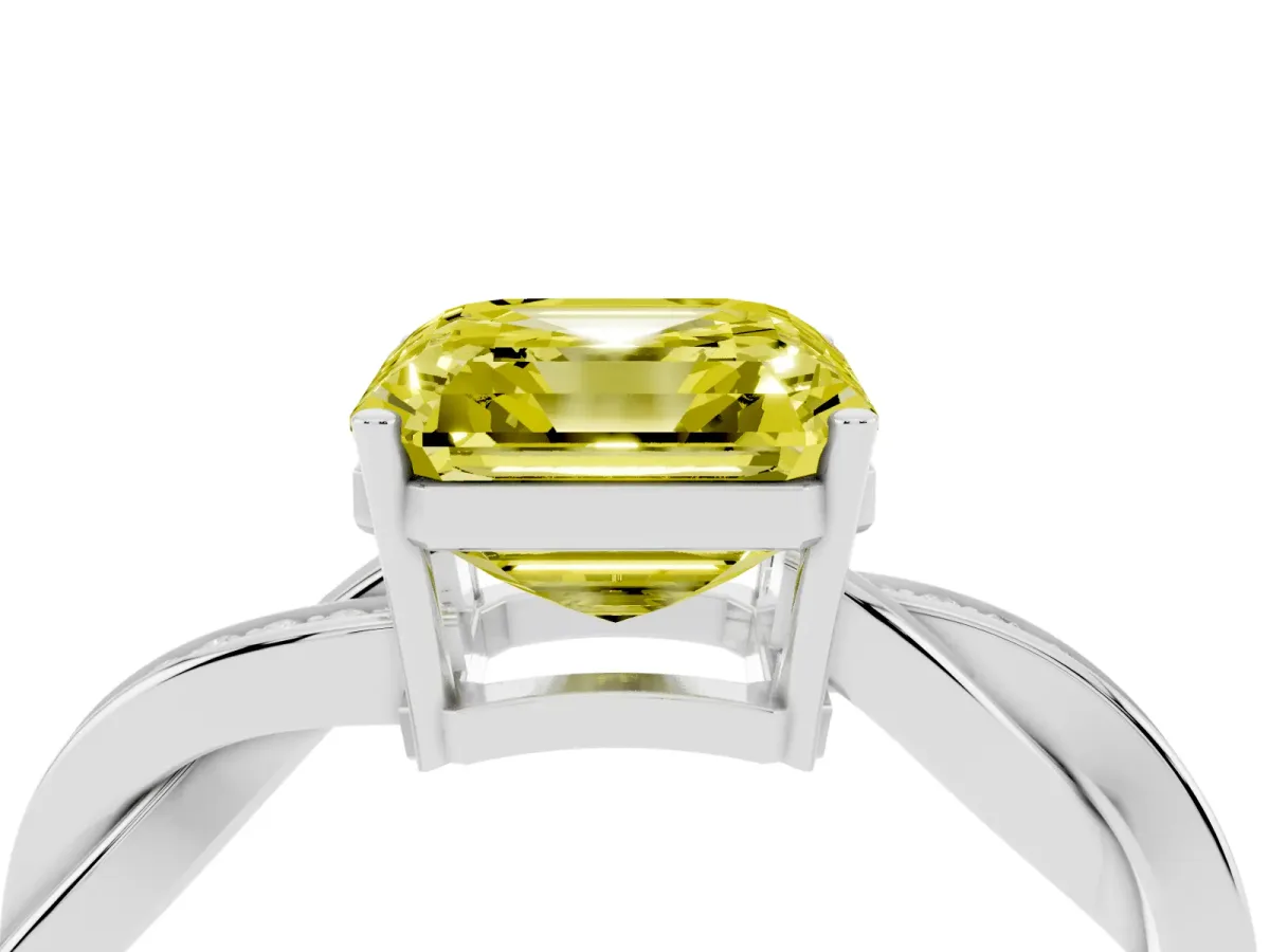 Fancy Yellow Asscher Cut Solitaire Twisted Pave Diamond Ring with Four-Prong Setting Silver