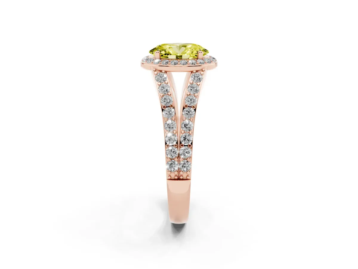 Fancy Yellow Oval Cut Diamond Split Shank Halo Ring with Four-Prong Setting Rose gold