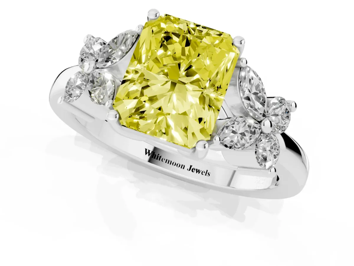 Fancy Yellow Radiant Cut Diamond Floral Cluster Ring with Solitaire Band and Prong Setting Silver