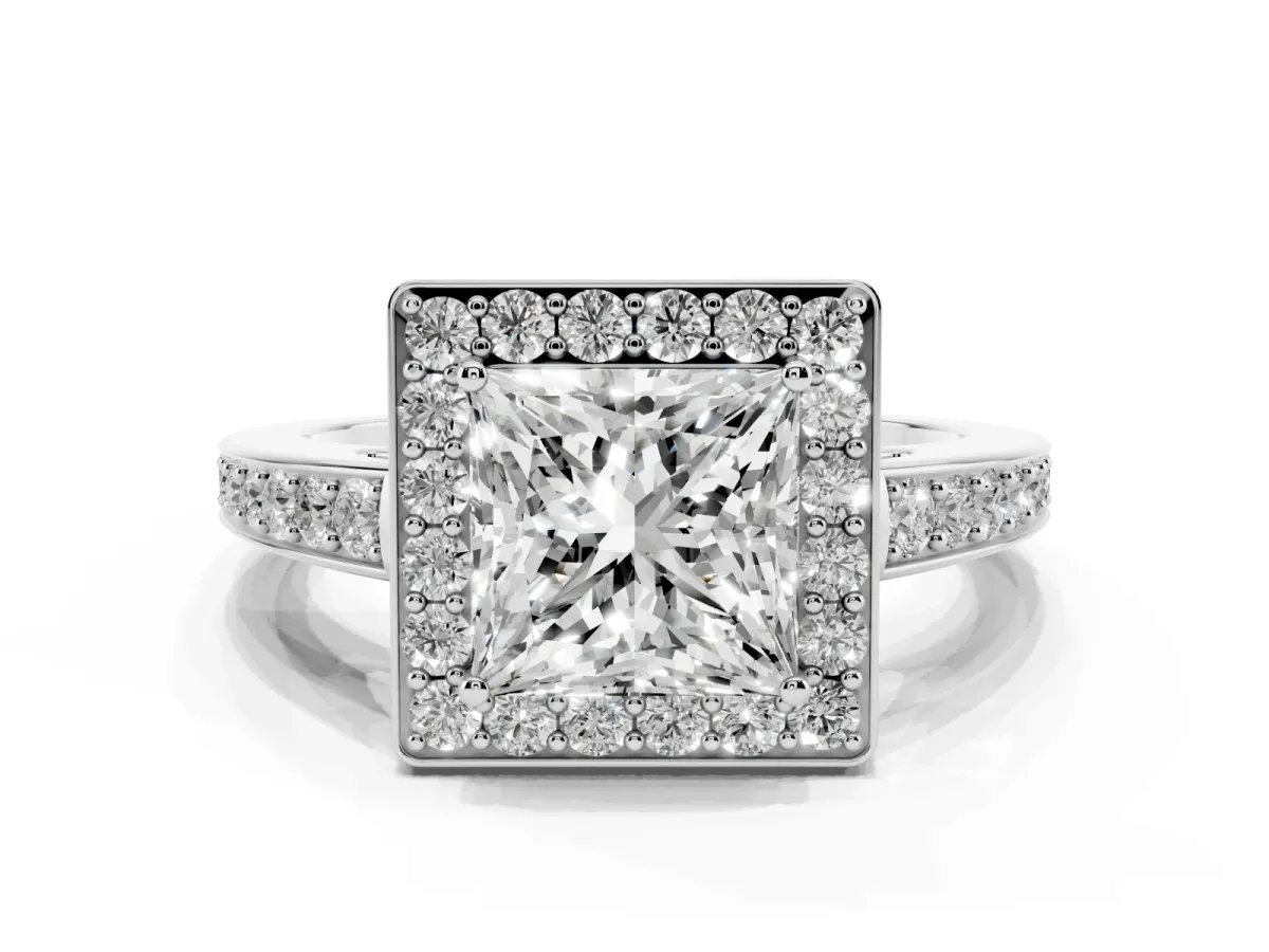 Princess Cut Halo Pavé Diamond Engagement Ring with Bezel Setting Silver