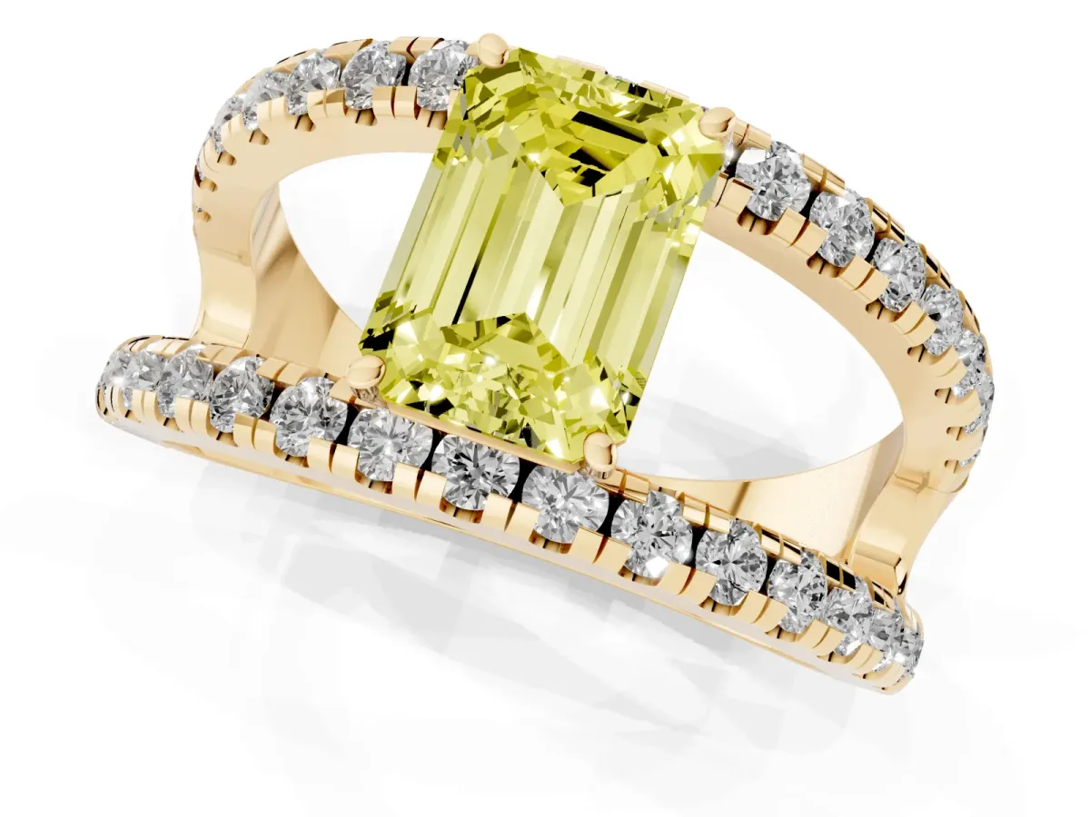 Fancy Yellow Emerald Cut Solitaire Split Shank Pave Diamond Ring Yellow gold