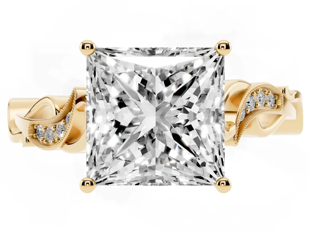 Princess Cut Solitaire Vine Band with Milgrain Prong Setting Yellow gold