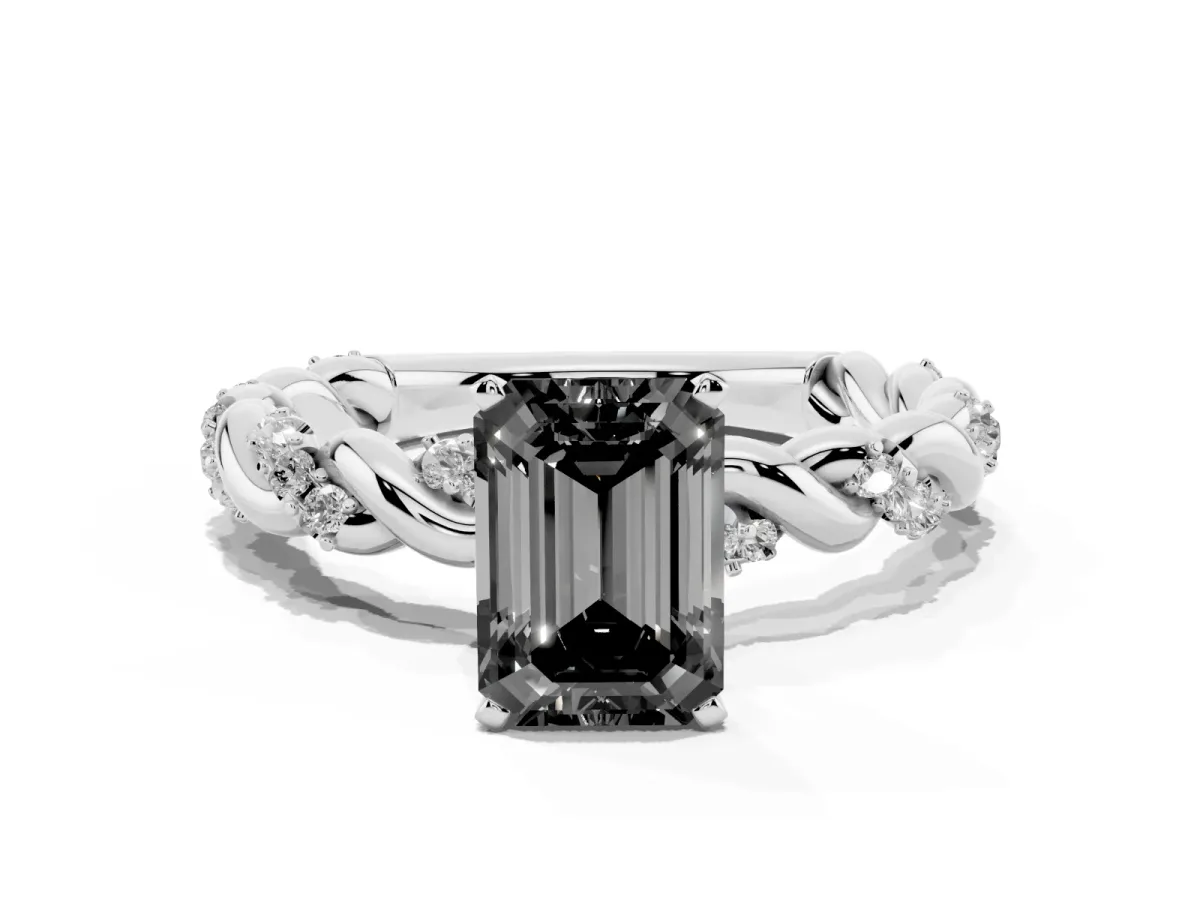 Fancy Black Emerald Cut Diamond Solitaire Ring with Twisted Band and Pavé Accents Platinum