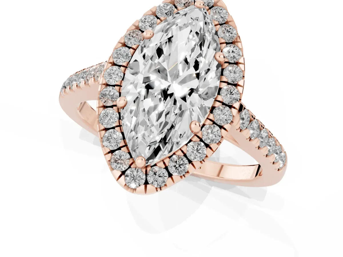 Marquise Cut Halo Pavé Diamond Engagement Ring with Four-Prong Setting Rose gold