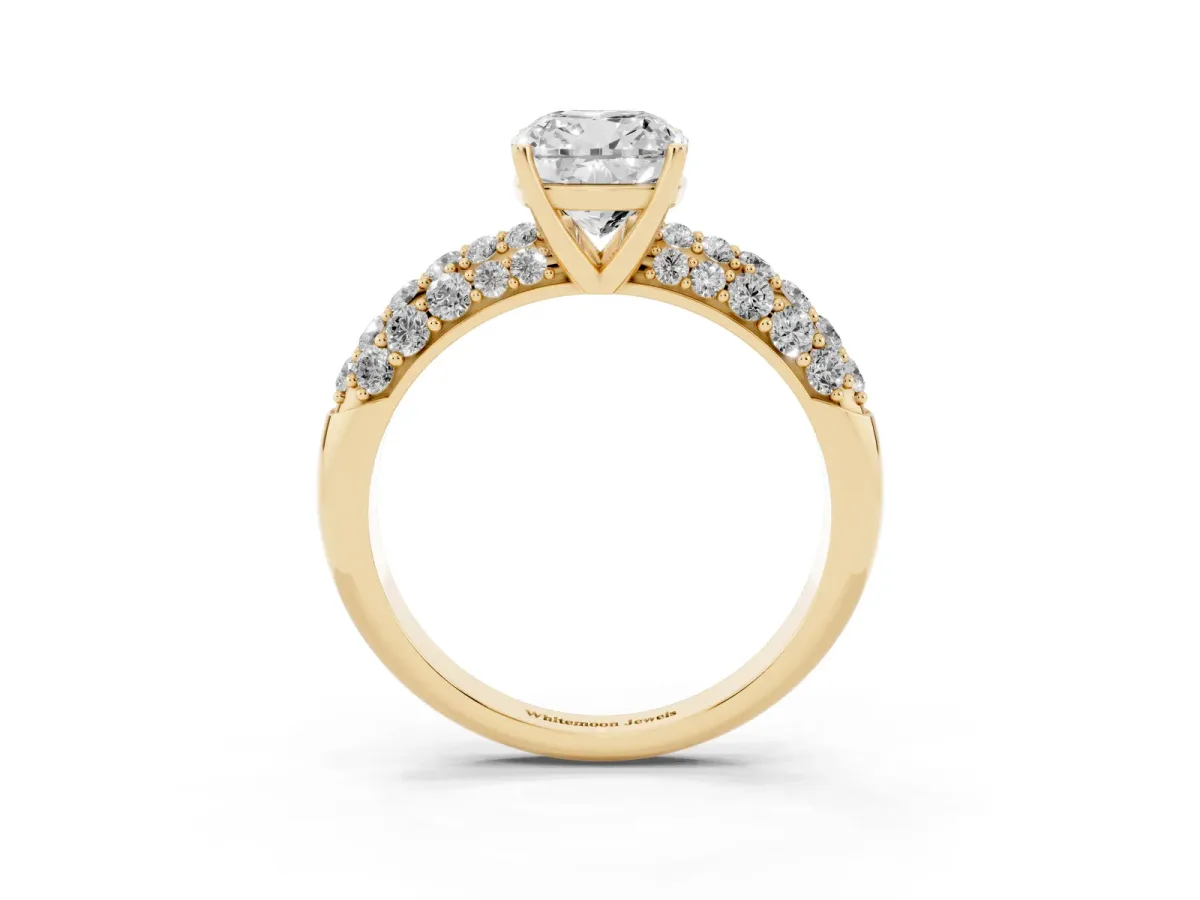Cushion Cut Diamond Pavé Band Solitaire Ring with Four-Prong Setting Yellow gold