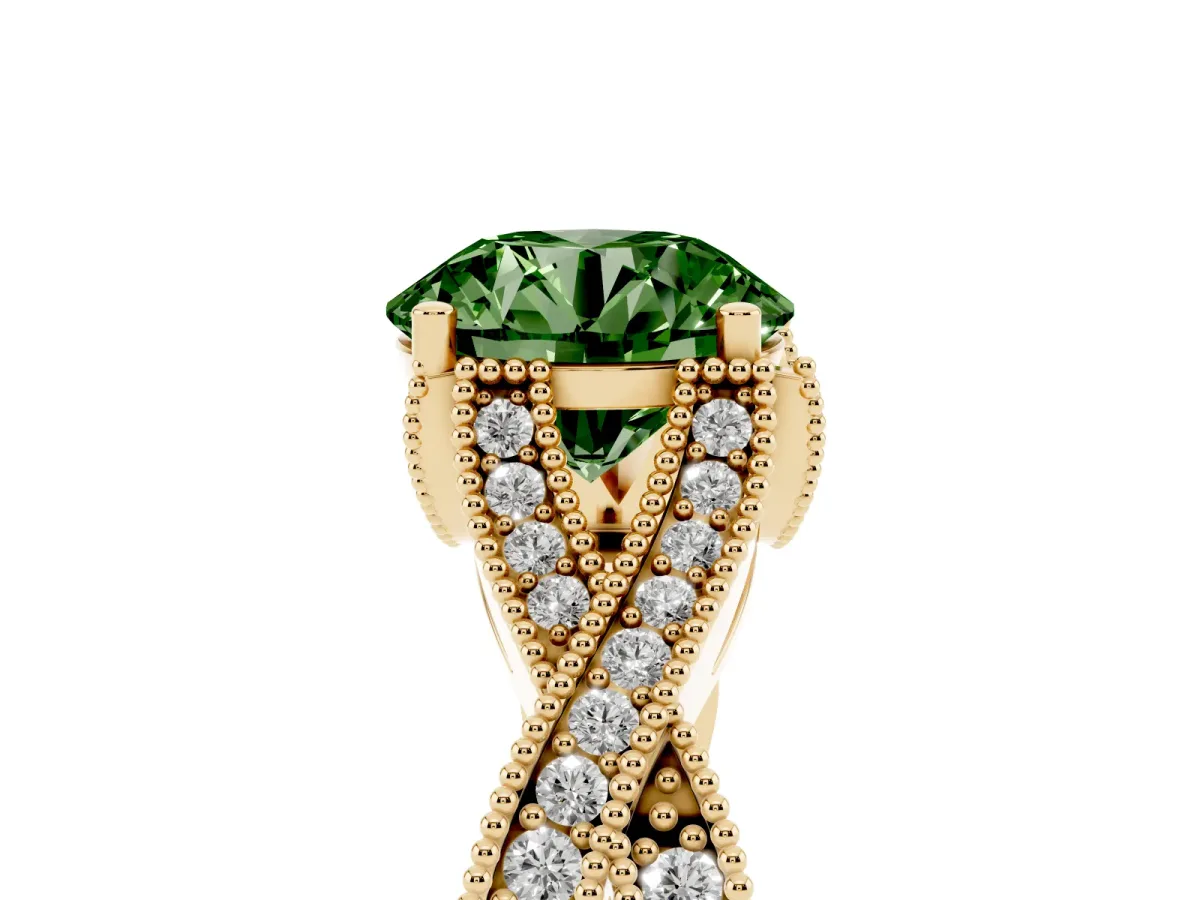 Fancy Green Round Cut Cut Diamond Twisted Band with Milgrain Pave Setting and Four-Prong Setting Yellow gold