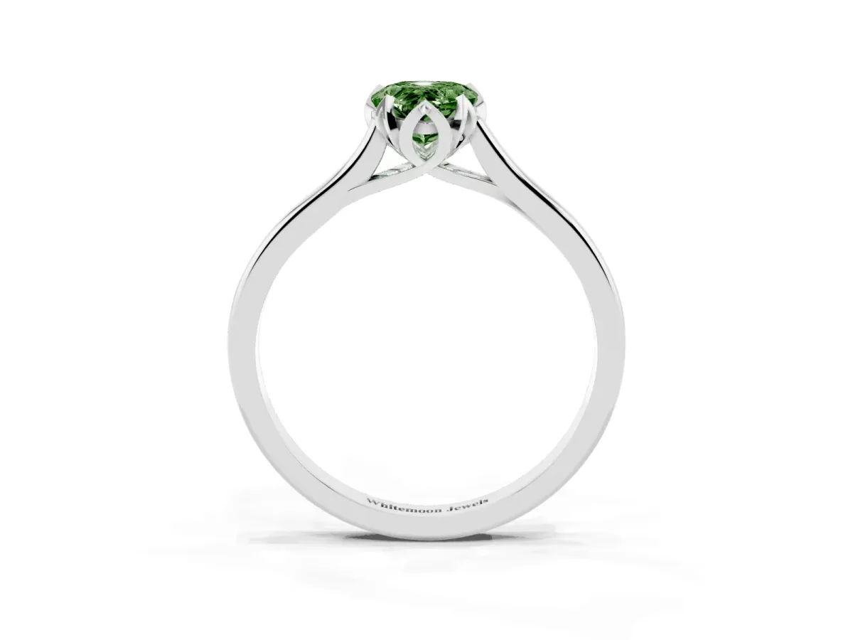 Fancy Green Pear Cut Diamond Solitaire Ring with Flower Prong Setting and Classic Band Silver