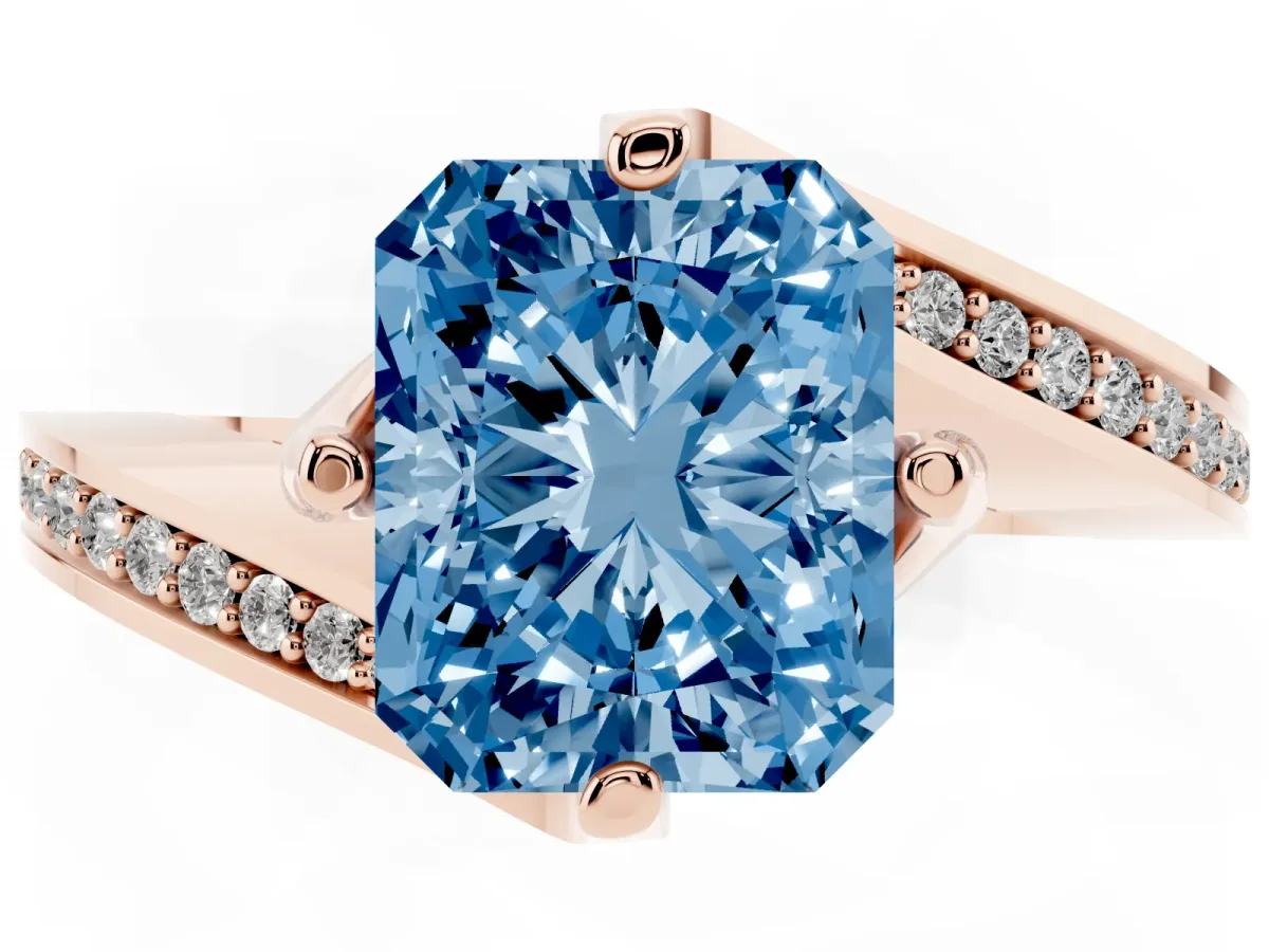 Fancy Blue Radiant Cut Solitaire Diamond Twist Band with Pavé Setting and Four-Prong Setting Rose gold