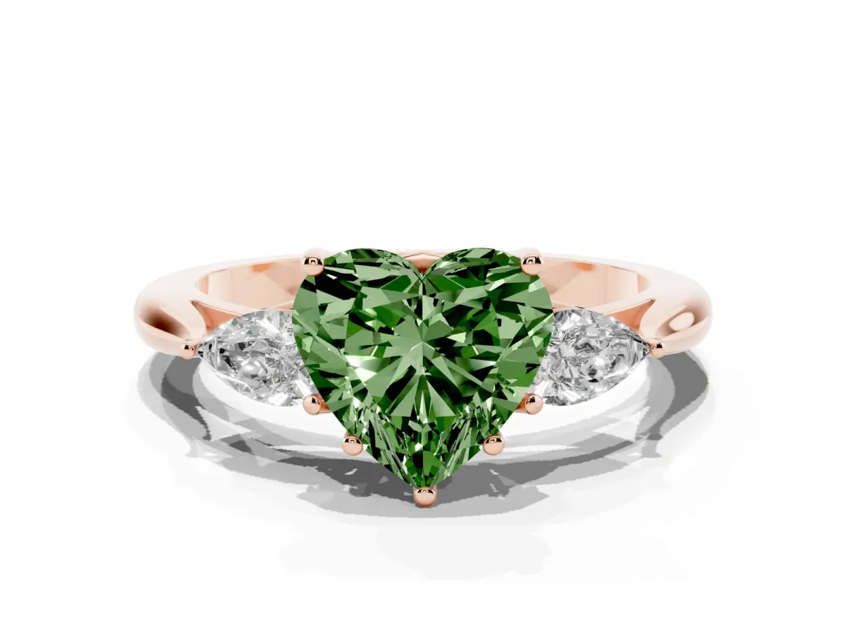 Fancy Green Three-Stone Heart Cut Brilliant Diamond Solitaire Ring with Tapered Band and Four-Prong Setting Rose gold