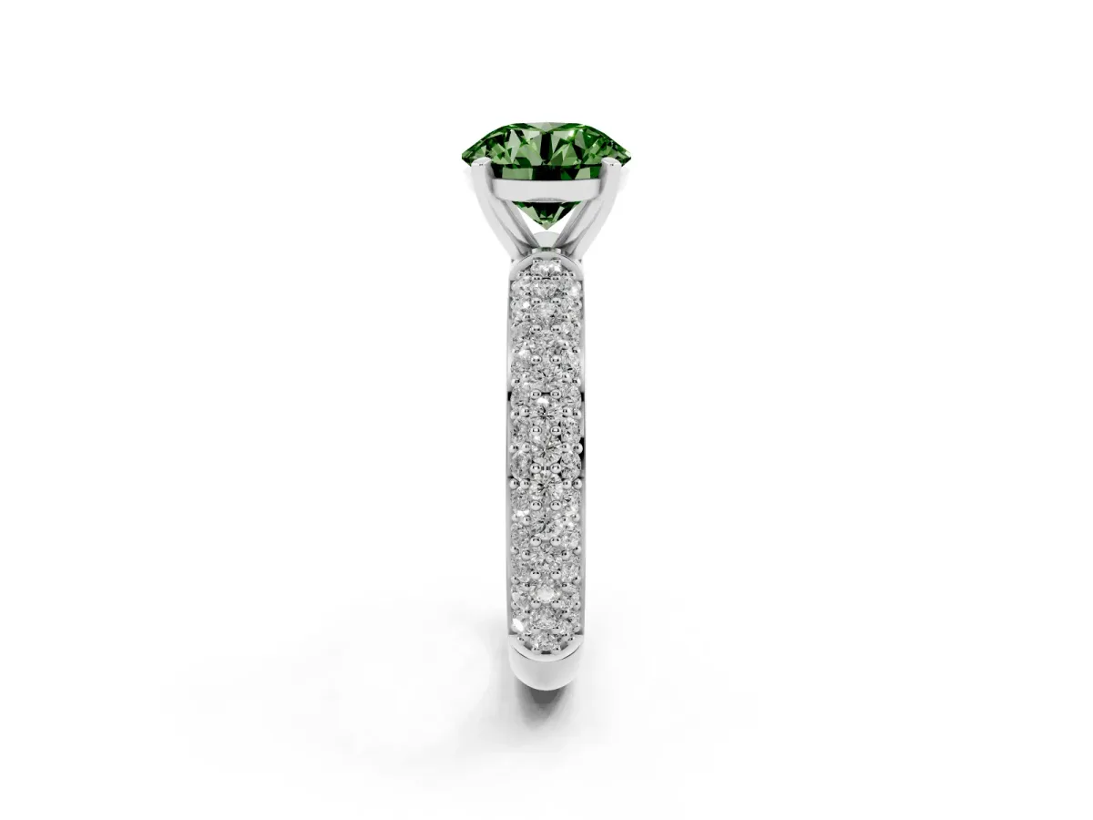 Fancy Green Round Cut Diamond Solitaire Ring with Prong Setting and Pavé Band Platinum