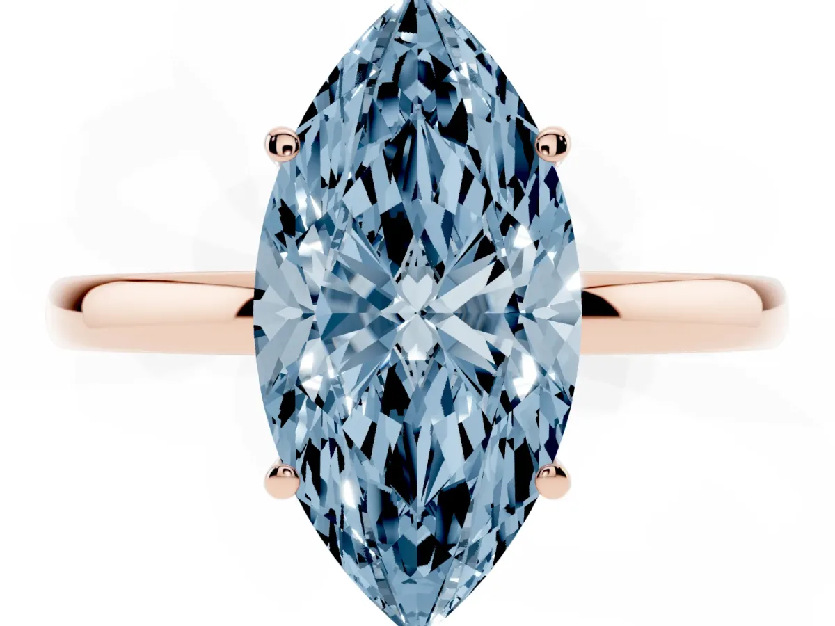 Fancy Blue Marquise Cut Solitaire Diamond Ring with Prong Setting and Plain Band Rose gold