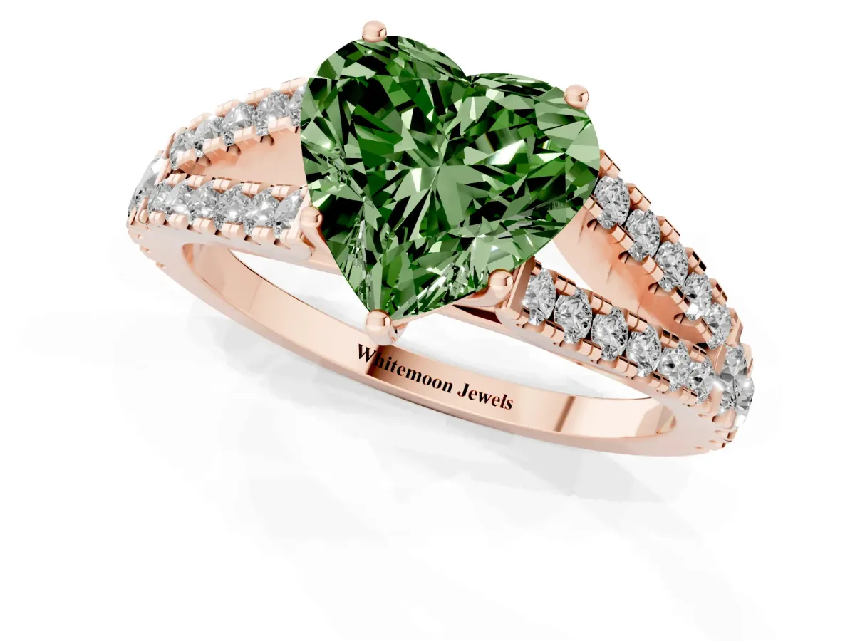 Fancy Green Heart Cut Diamond Split Shank Engagement Ring with Round Pavé and Prong Setting Rose gold