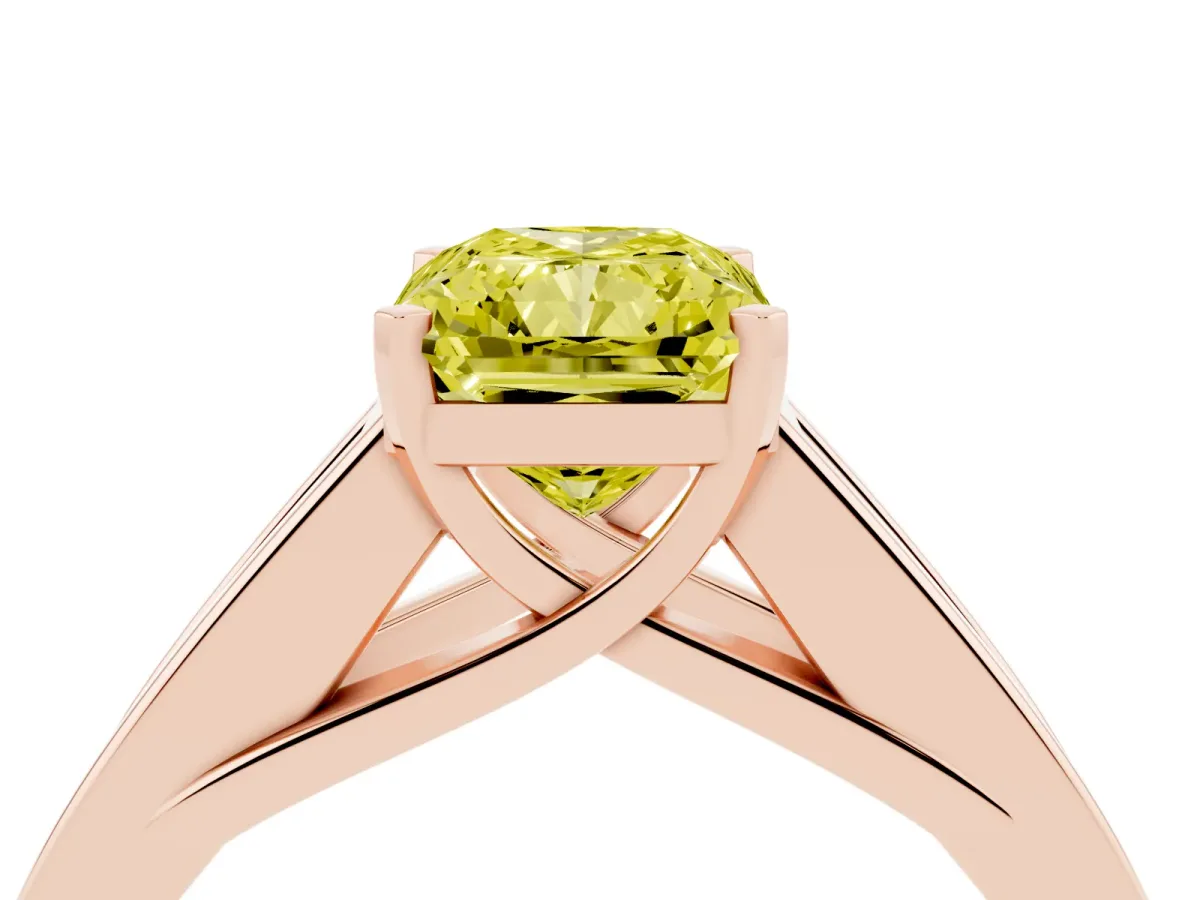 Fancy Yellow Radiant Cut Cut Channel Set Solitaire Ring with Four-Prong Setting Rose gold