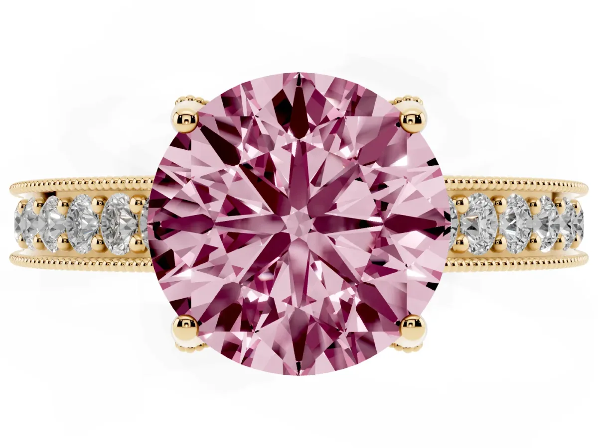Fancy Pink Round Cut Cut Diamond Solitaire Ring with Milgrain Pave Band and Four Prong Setting Yellow gold