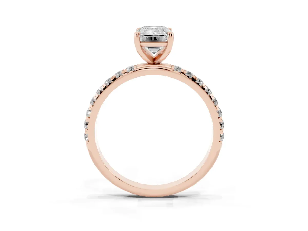 Emerald Cut Cut Diamond Solitaire Ring with Micro Pave Band and Four Prong Setting Rose gold