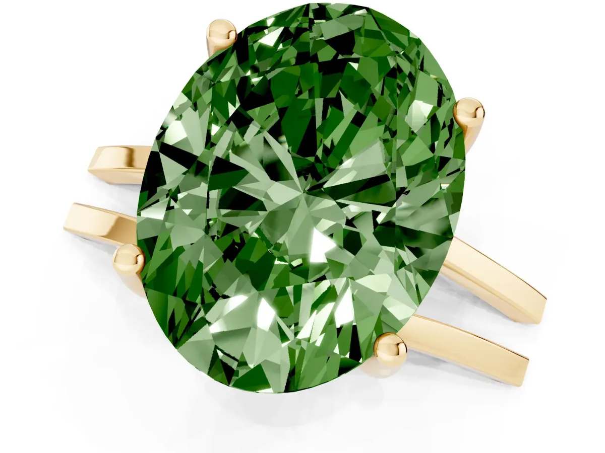 Fancy Green Oval Cut Cut Diamond Solitaire Engagement Ring with Tapered Plain Band and Four-Prong Setting Yellow gold