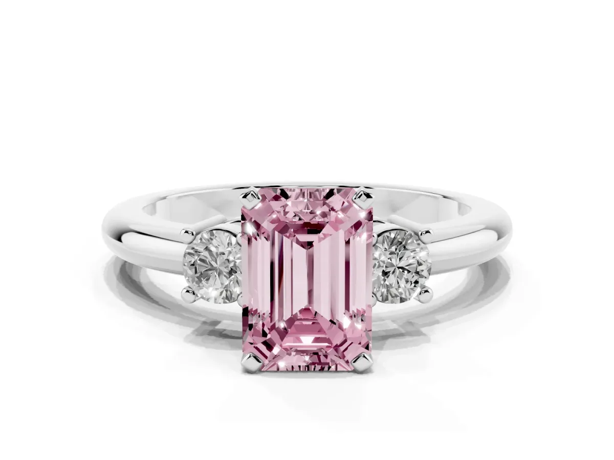 Fancy Pink Three-Stone Emerald Cut Cut Diamond Solitaire with Prong Setting and Classic Band Silver