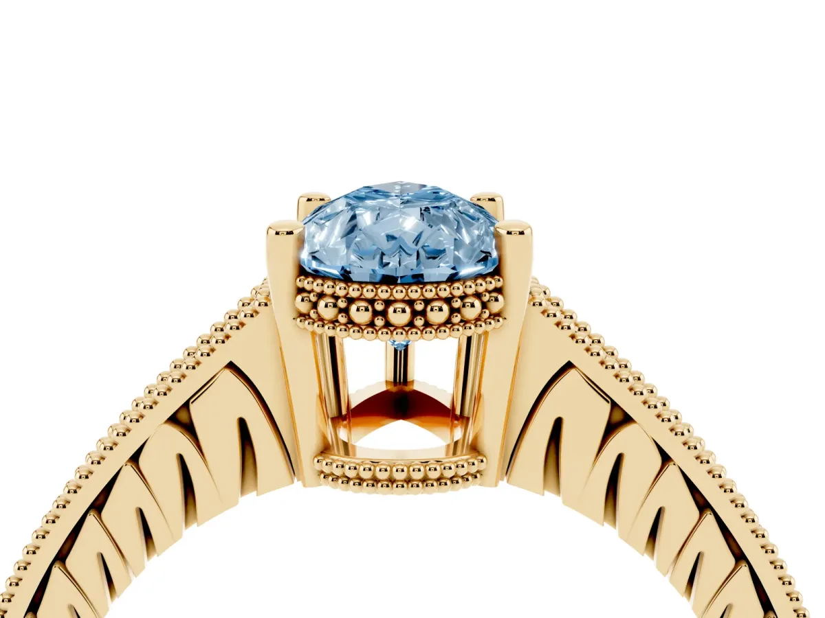 Fancy Blue Pear Cut Solitaire Pavé Diamond Milgrain Engagement Ring with Four-Prong Setting Yellow gold