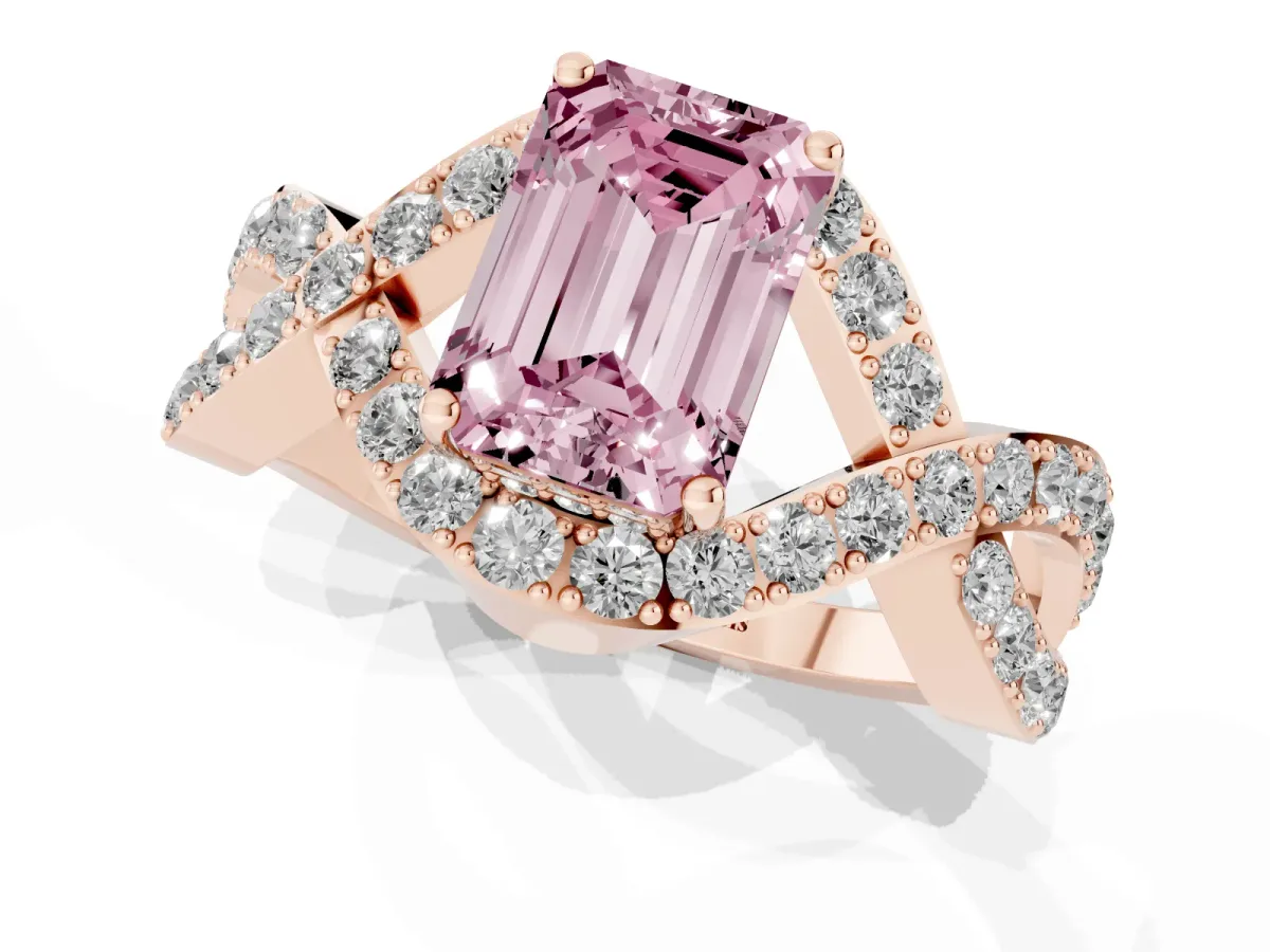 Fancy Pink Emerald Cut Solitaire Twist Band Pavé Diamond Engagement Ring Rose gold