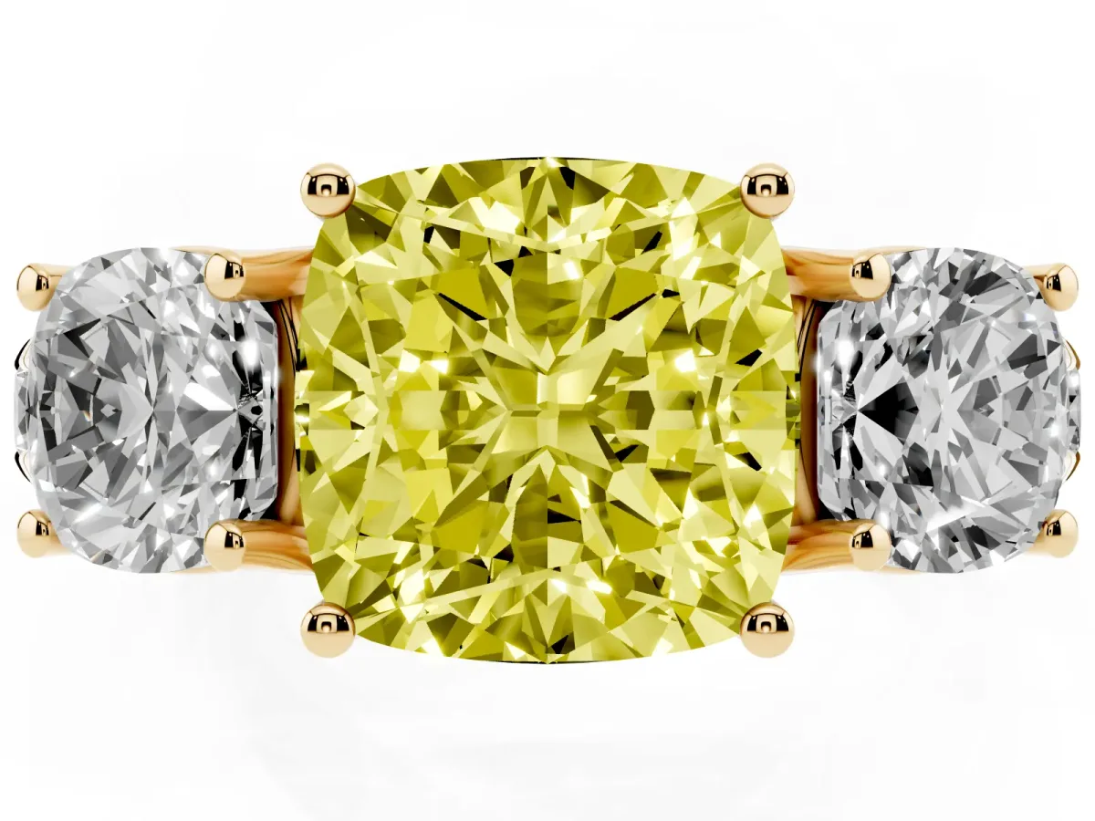 Fancy Yellow Three-Stone Cushion Cut Diamond Pavé Band with Prong Setting Yellow gold