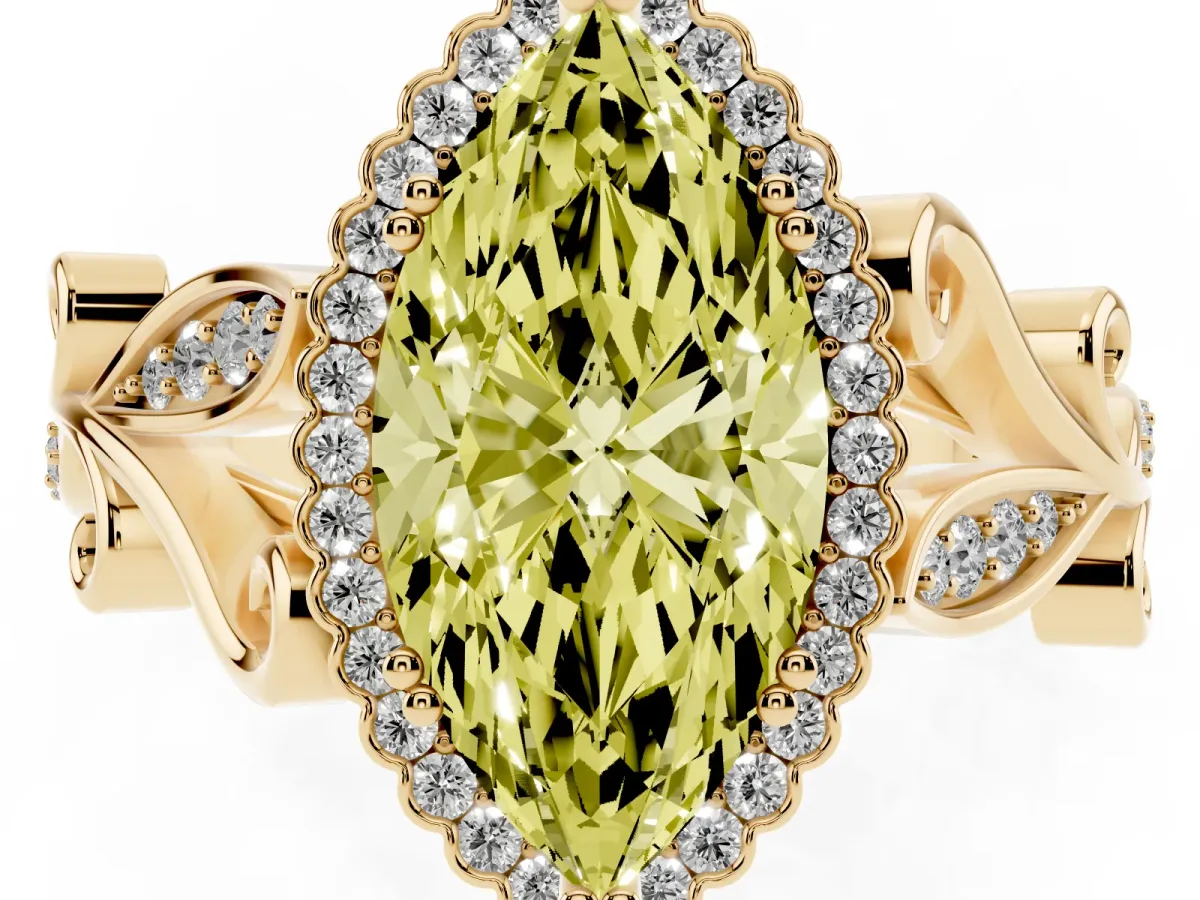 Fancy Yellow Marquise Cut Diamond Halo Ring with Vintage Split Shank and Four-Prong Setting Yellow gold