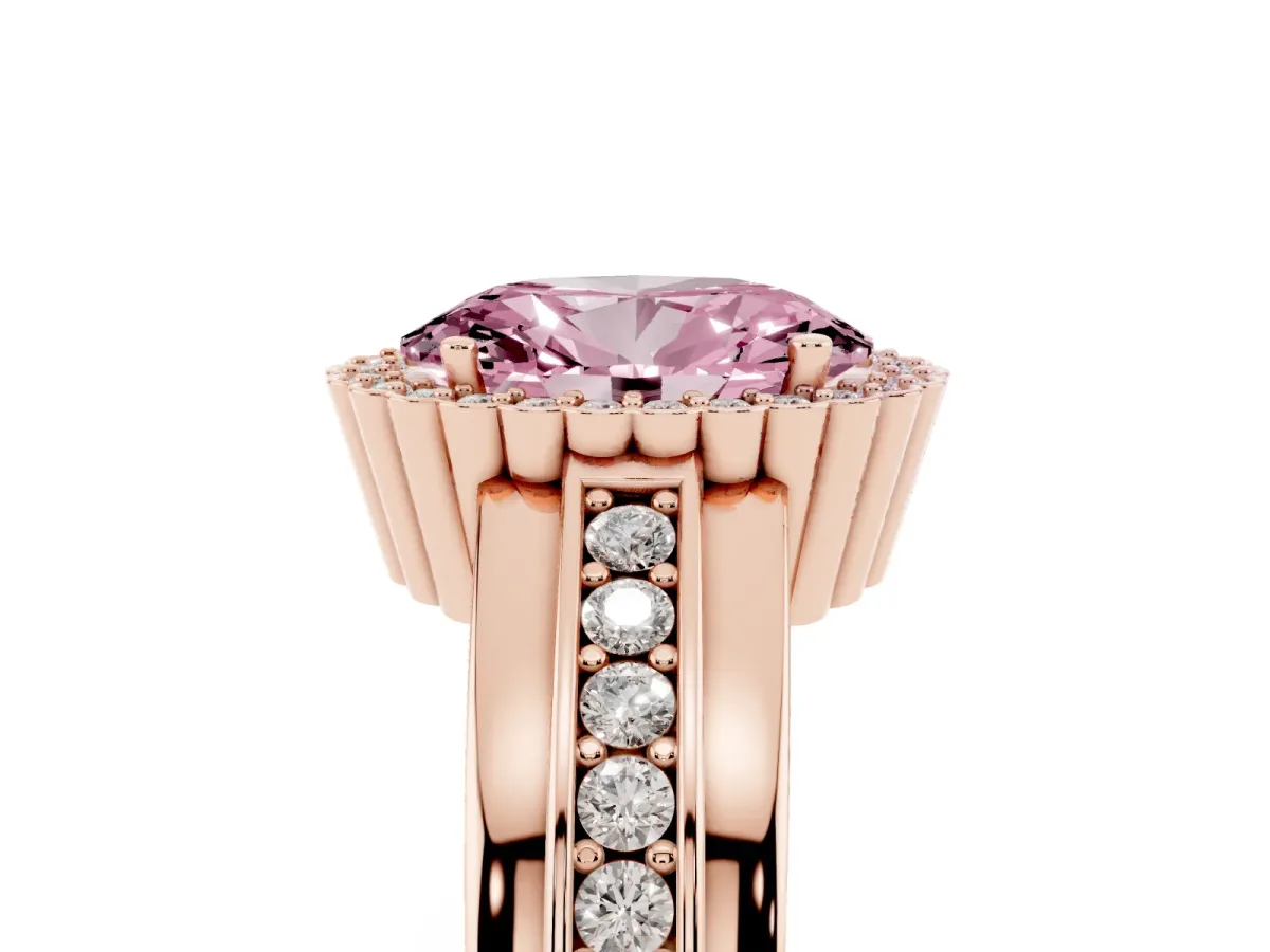 Fancy Pink Oval Cut Cut Halo Pave Band Four-Prong Ring Rose gold