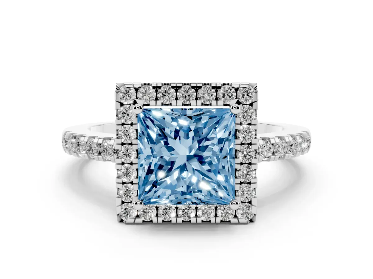 Fancy Blue Princess Cut Halo Diamond Engagement Ring with Pavé Band and Four-Prong Setting Platinum