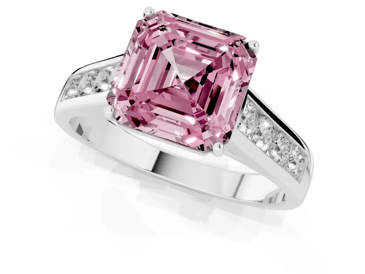 Fancy Pink Asscher Cut Brilliant Channel-Set Solitaire Ring with Four-Prong Setting Silver