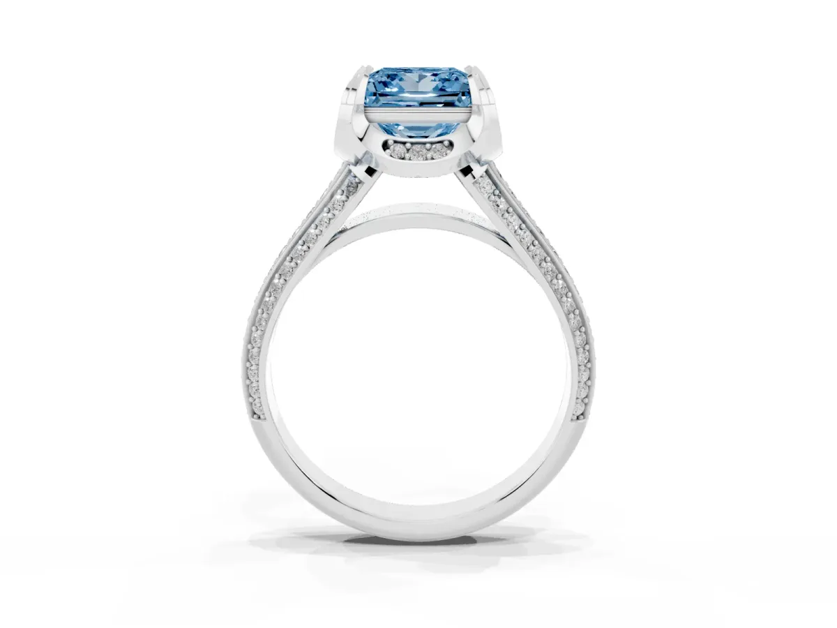 Fancy Blue Princess Cut Solitaire Pave Split Shank Ring with Four-Prong Setting White gold