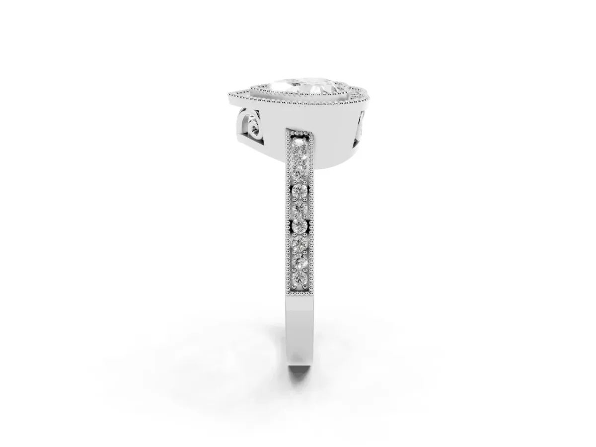Heart Cut Cut Halo Diamond Ring with Pavé Band and Milgrain Prong Setting White gold