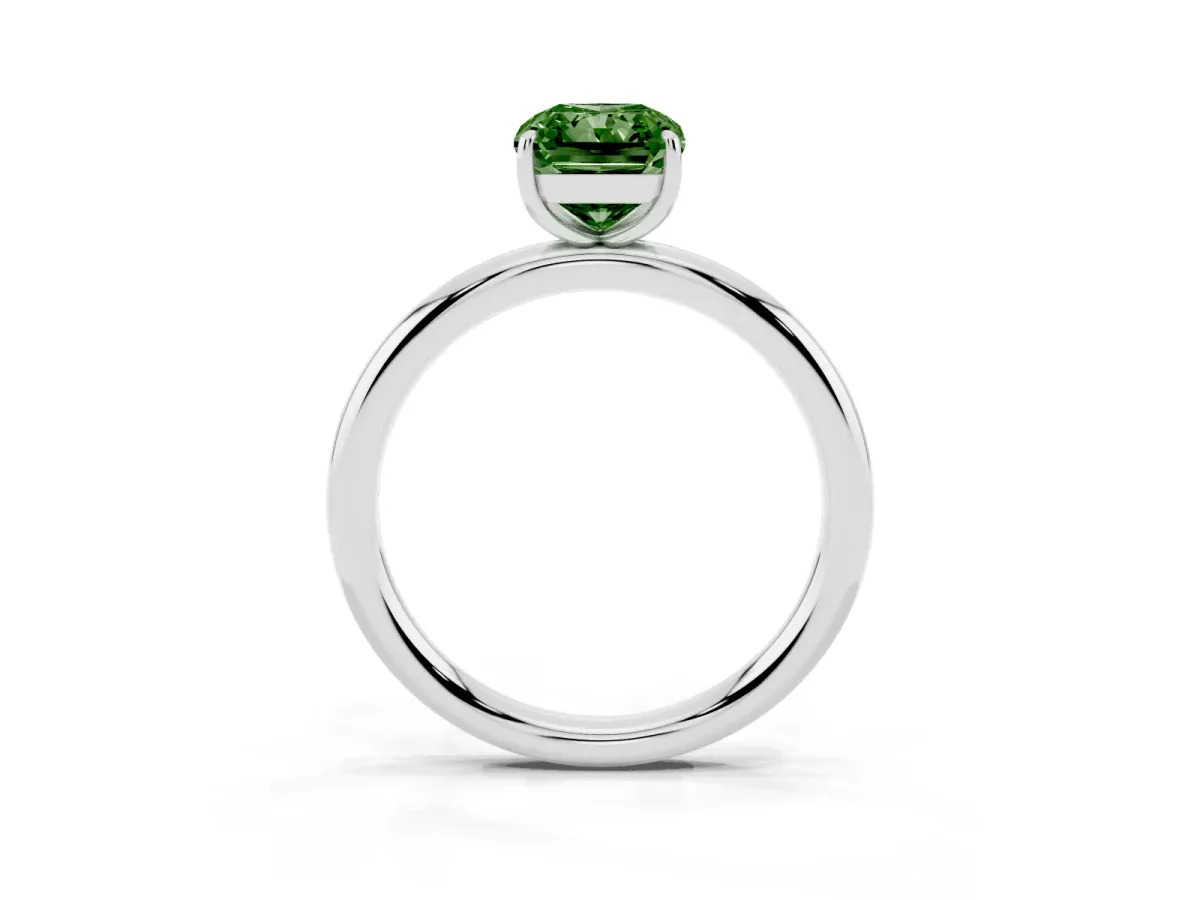 Fancy Green Radiant Cut Solitaire Diamond Ring with Four-Prong Setting on a Plain Band Platinum