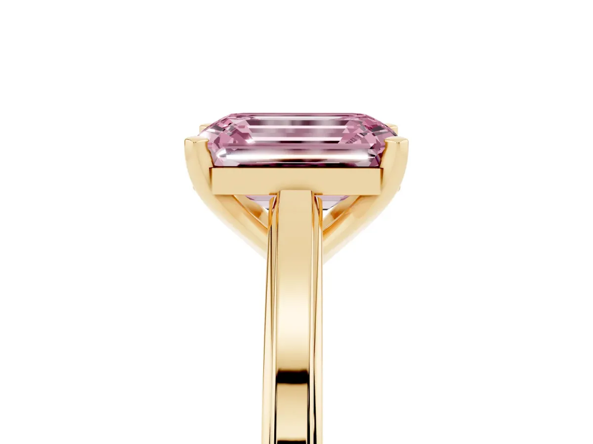 Fancy Pink Emerald Cut Solitaire Diamond Ring with Four-Prong Setting and Classic Band Yellow gold