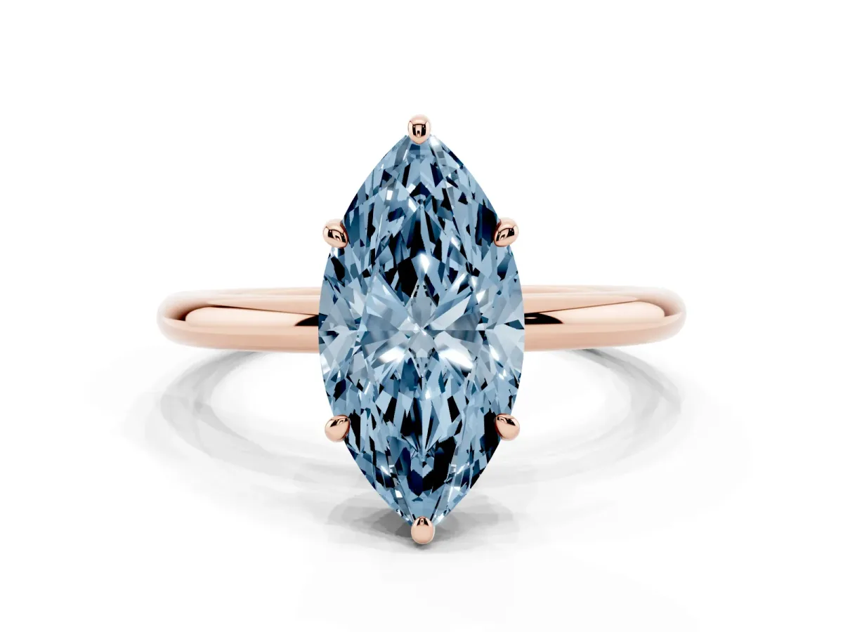 Fancy Blue Oval Cut Solitaire Diamond Ring with Four-Prong Setting on a Plain Band Rose gold