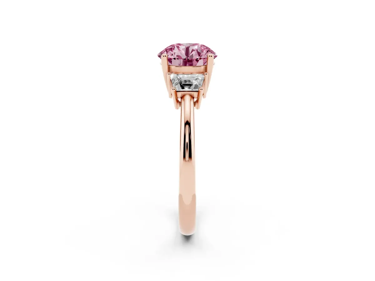 Fancy Pink Round Cut Diamond Three-Stone Ring with Trapezoid Side Stones and Prong Setting Rose gold