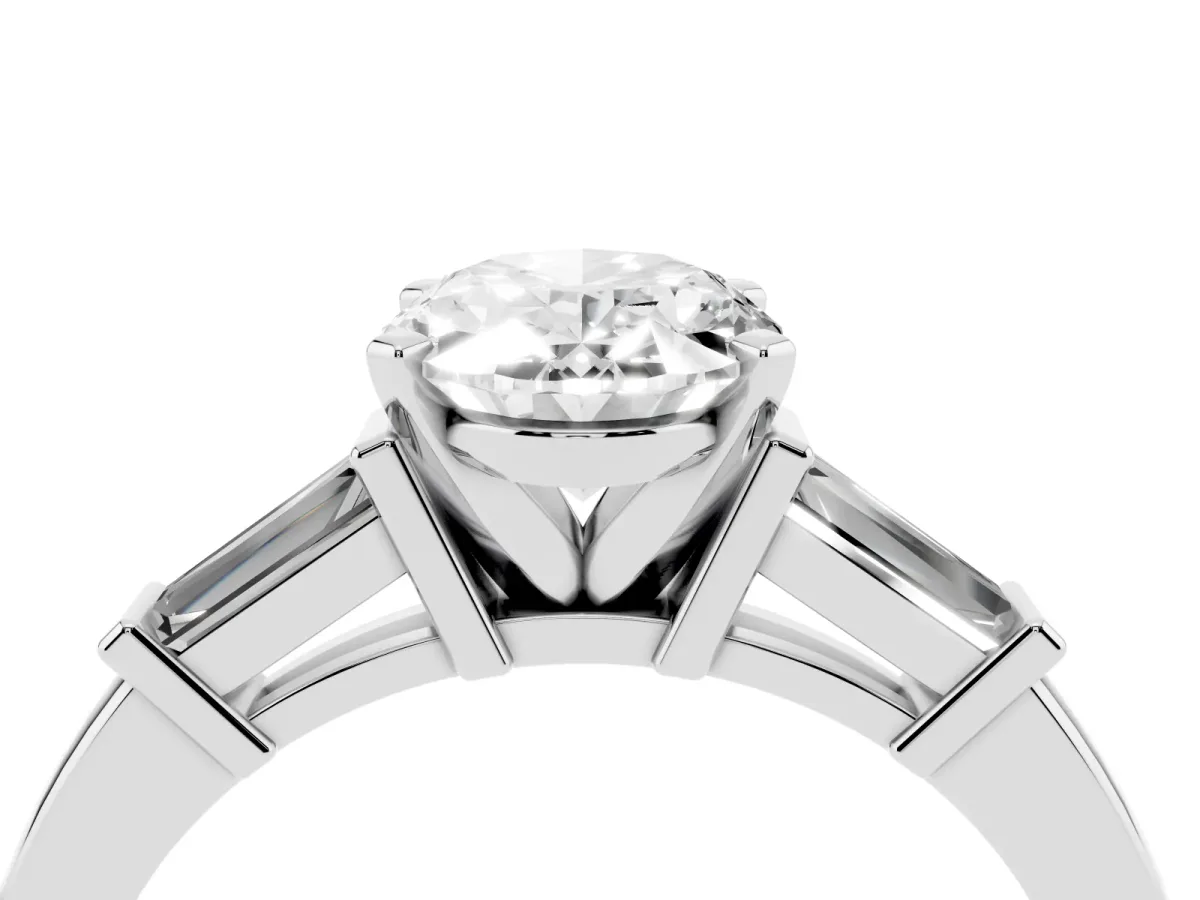 Oval Cut Cut Diamond Solitaire Ring with Tapered Baguette Accents and Four-Prong Setting Platinum