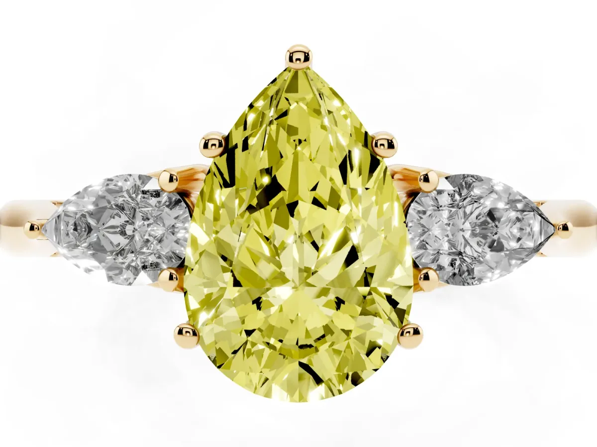 Fancy Yellow Three-Stone Pear Cut Brilliant Diamond Solitaire Ring with Tapered Band and Four-Prong Setting Yellow gold