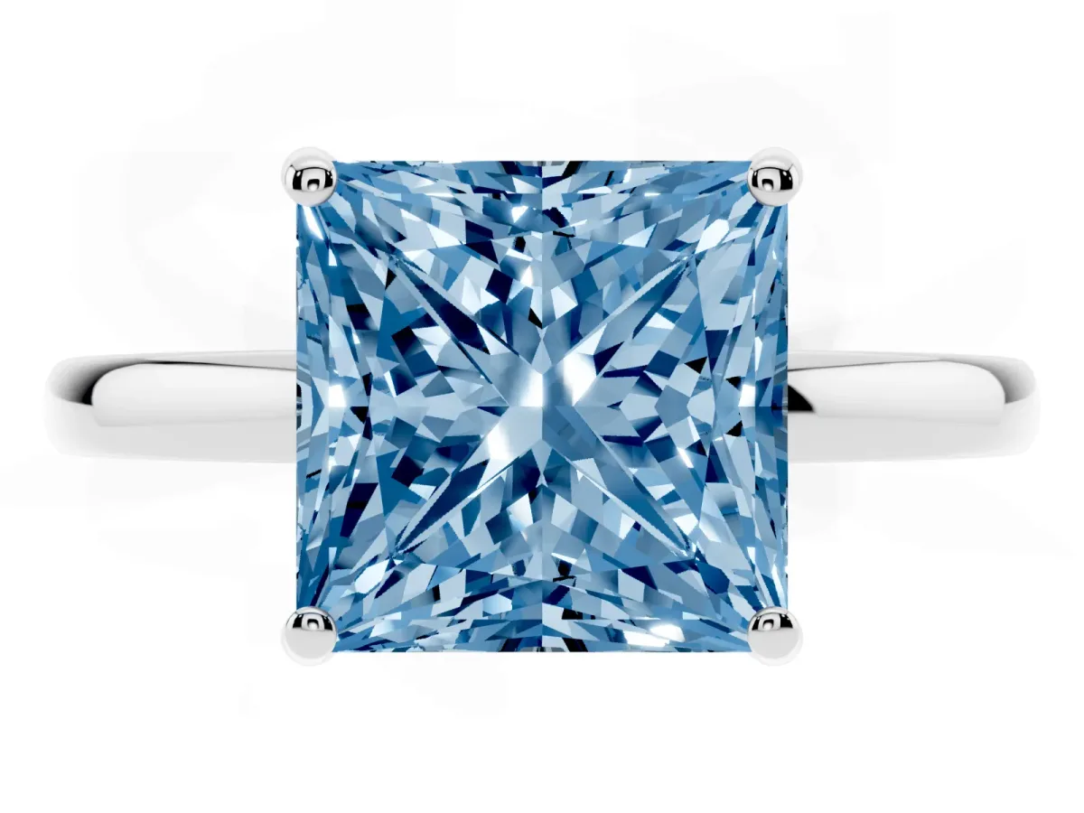 Fancy Blue Princess Cut Solitaire Diamond Ring with Prong Setting and Plain Band Silver