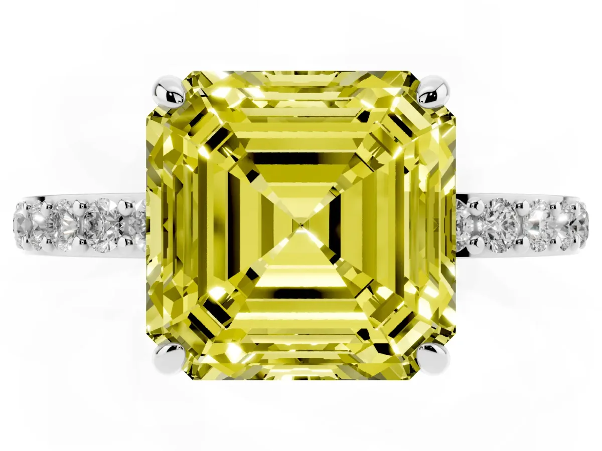 Fancy Yellow Asscher Cut Diamond Solitaire Engagement Ring with Pavé Band and Four-Prong Setting Silver