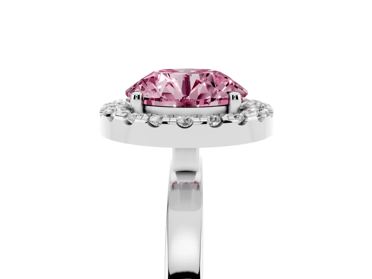 Fancy Pink Round Cut Halo Diamond Solitaire with Pavé Band and Four-Prong Setting Silver