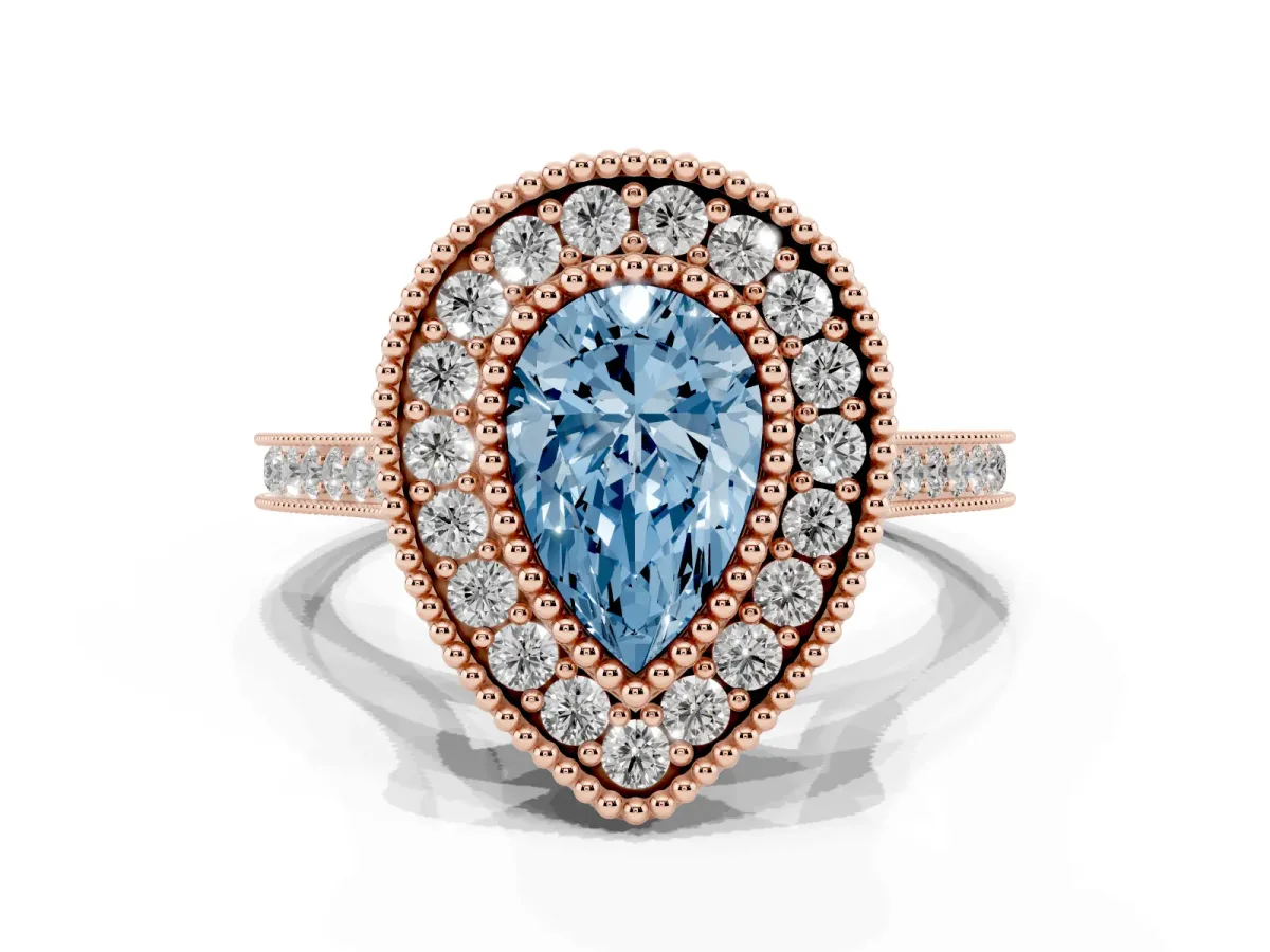 Fancy Blue Pear Cut Diamond Halo Ring with Milgrain Frame and Pavé Band Rose gold