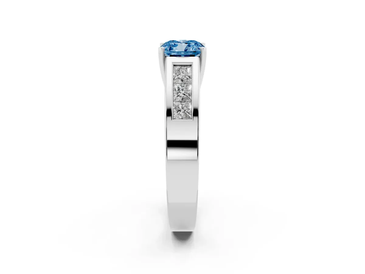Fancy Blue Cushion Cut Cut Channel Set Solitaire Ring with Four-Prong Setting Platinum