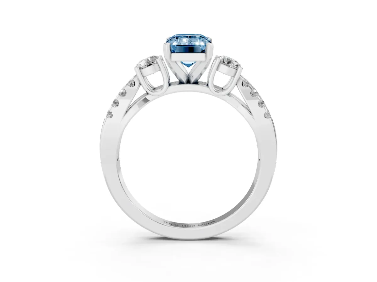 Fancy Blue Emerald Cut Diamond Three-Stone Ring with Pavé Split Shank and Four-Prong Setting Silver