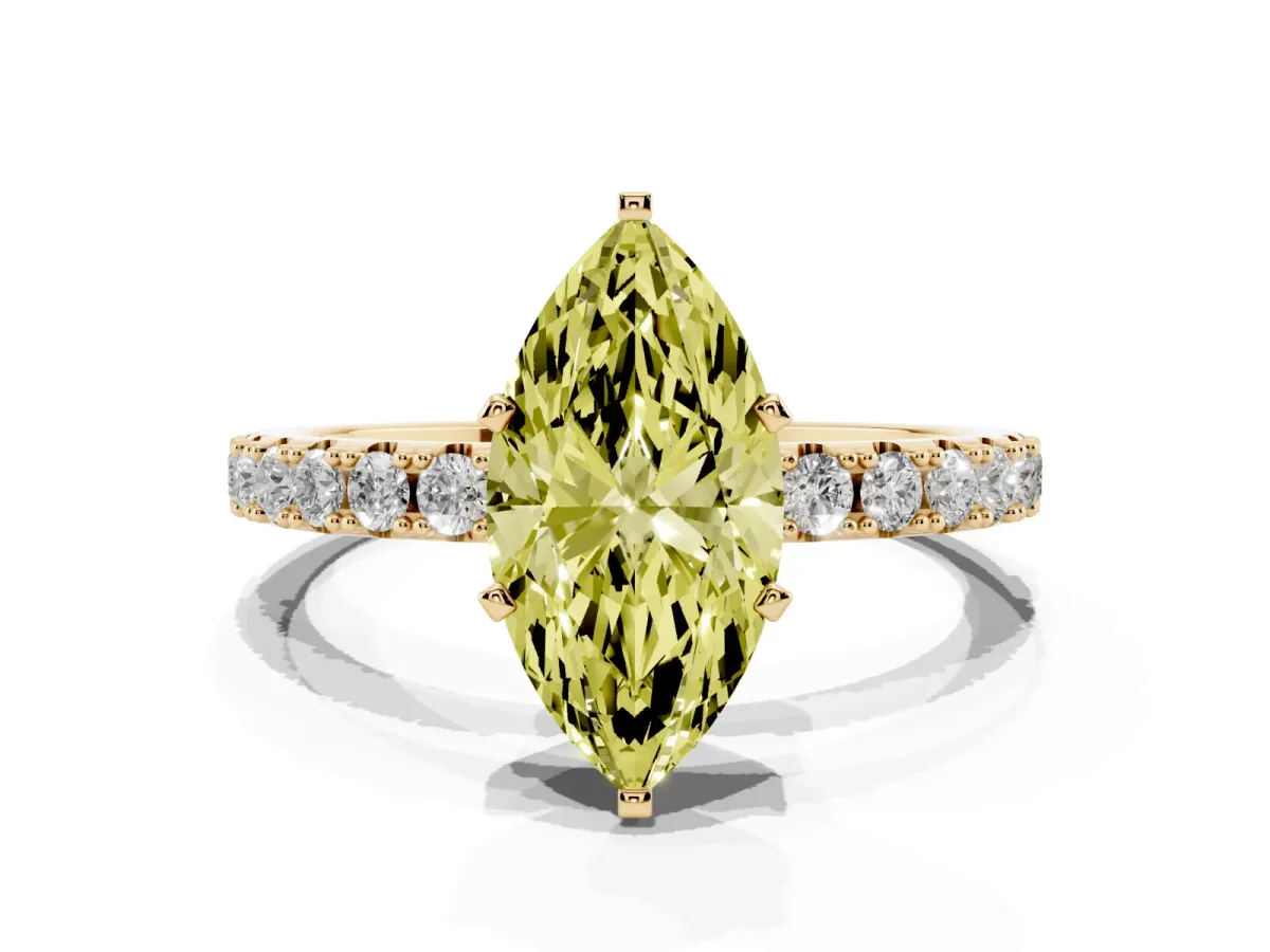 Fancy Yellow Marquise Cut Diamond Solitaire Pavé Band with Four-Prong Setting Yellow gold