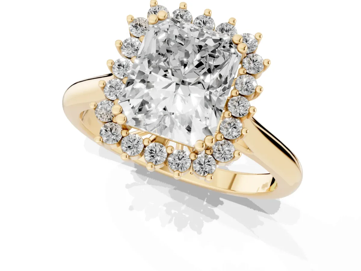 Radiant Cut Cut Diamond Halo Ring with Solitaire Band and Prong Setting Yellow gold