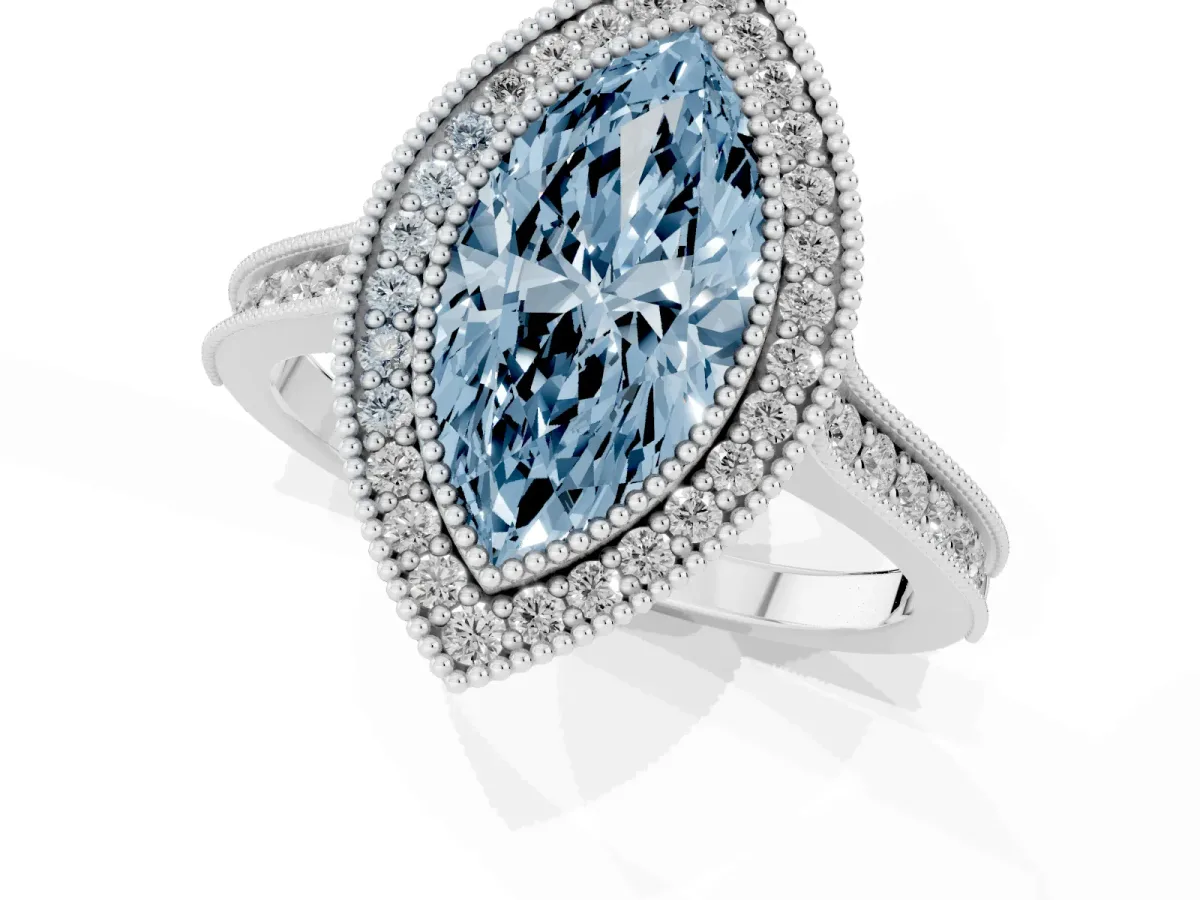 Fancy Blue Halo Marquise Cut-Cut Diamond Pave Band Milgrain Prong Setting Ring Silver