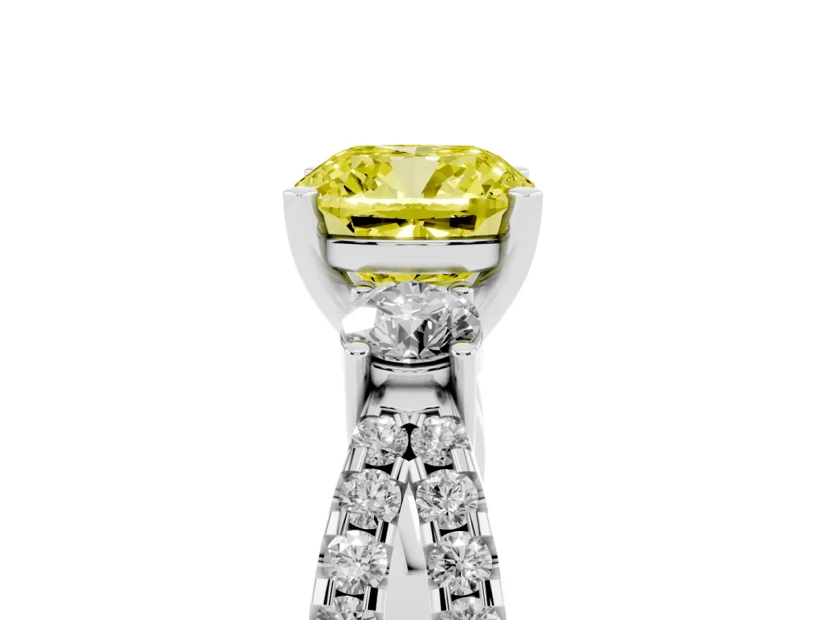 Fancy Yellow Cushion Cut Diamond Three-Stone Ring with Pavé Split Shank and Four-Prong Setting Platinum