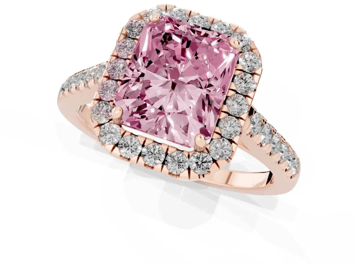 Fancy Pink Radiant Cut Halo Pave Diamond Engagement Ring with Four-Prong Setting Rose gold