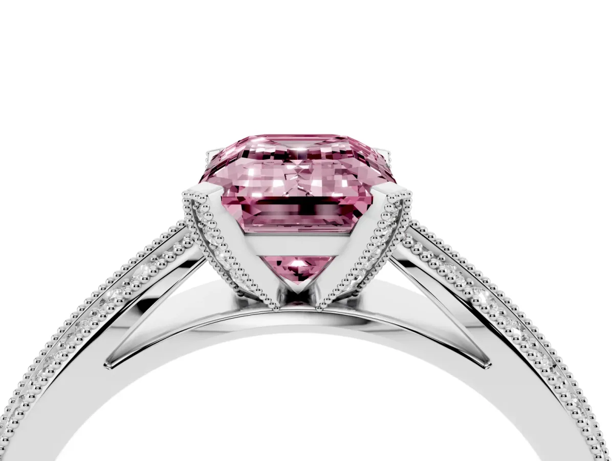 Fancy Pink Emerald Cut Diamond Solitaire Ring with Milgrain Round Pavé Band and Prong Setting Silver