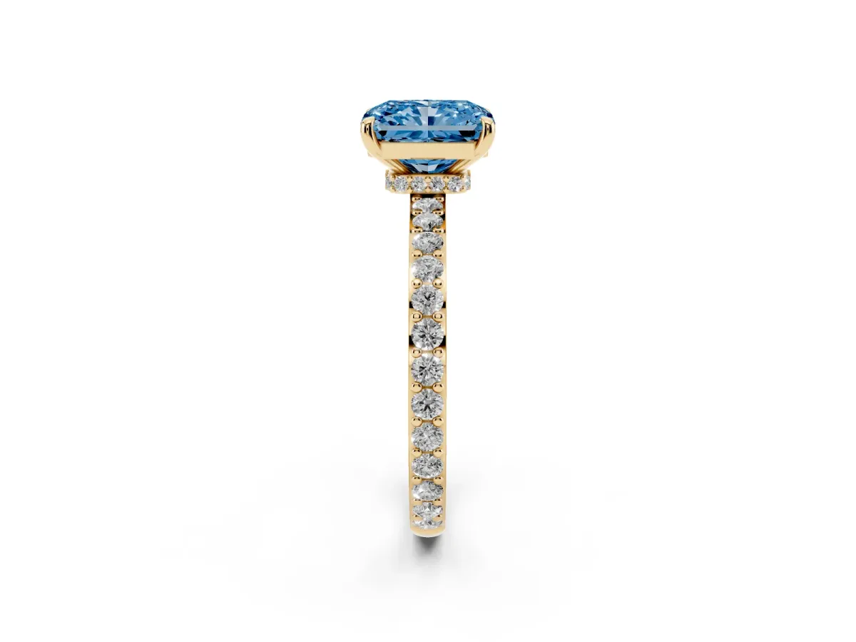 Fancy Blue Radiant Cut Diamond Pavé Engagement Ring with Round Accents and Prong Setting Yellow gold